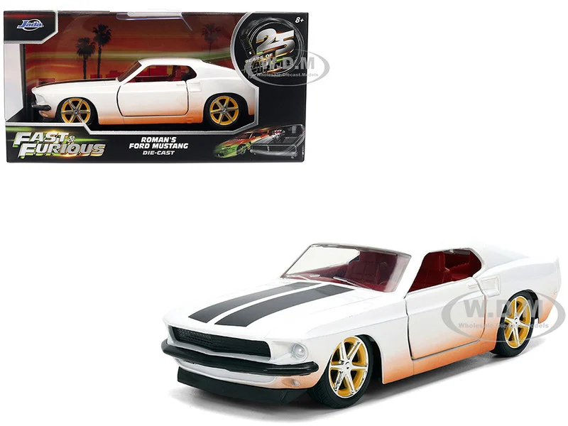 Roman's Ford Mustang White with Black Stripes and Red Interior (Dirty Version) "Fast & Furious" Movie "Fast & Furious 25th Anniversary" Series 1/32 Diecast Model Car by Jada - Ford Models