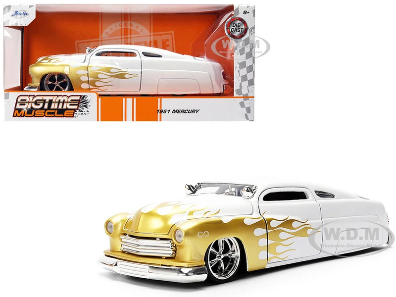 1951 Mercury Coupe White with Gold Flames "Bigtime Muscle" Series 1/24 Diecast Model Car by Jada - Mercury Models