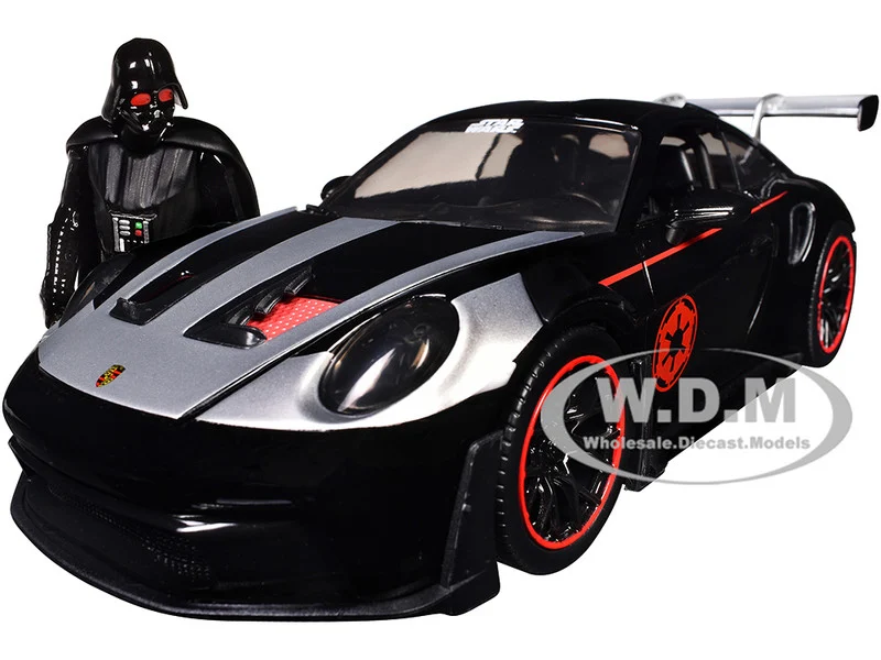 Porsche 911 GT3 RS (992) Black with Silver Hood and Graphics and Darth Vader Figure "Star Wars" Franchise "Hollywood Rides" Series 1/24 Diecast Model Car by Jada - Porsche Models