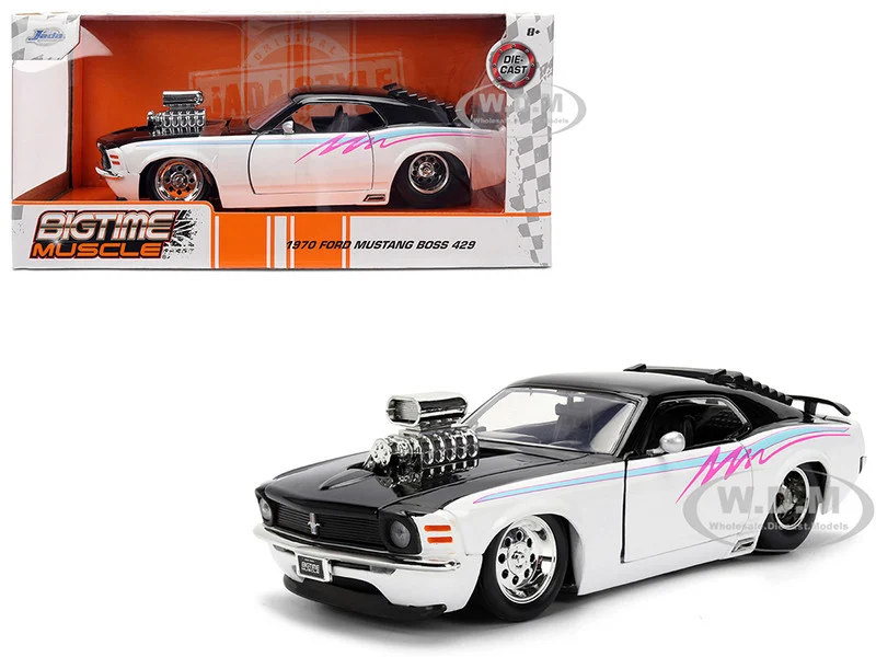 1970 Ford Mustang Boss 429 Black and White with Graphics "Bigtime Muscle" Series 1/24 Diecast Model Car by Jada - Ford Models