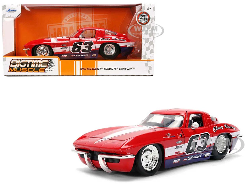 1963 Chevrolet Corvette Stingray #63 "Chevy Racing" Red with White and Blue Stripes "Bigtime Muscle" Series 1/24 Diecast Model Car by Jada - Chevrolet Models