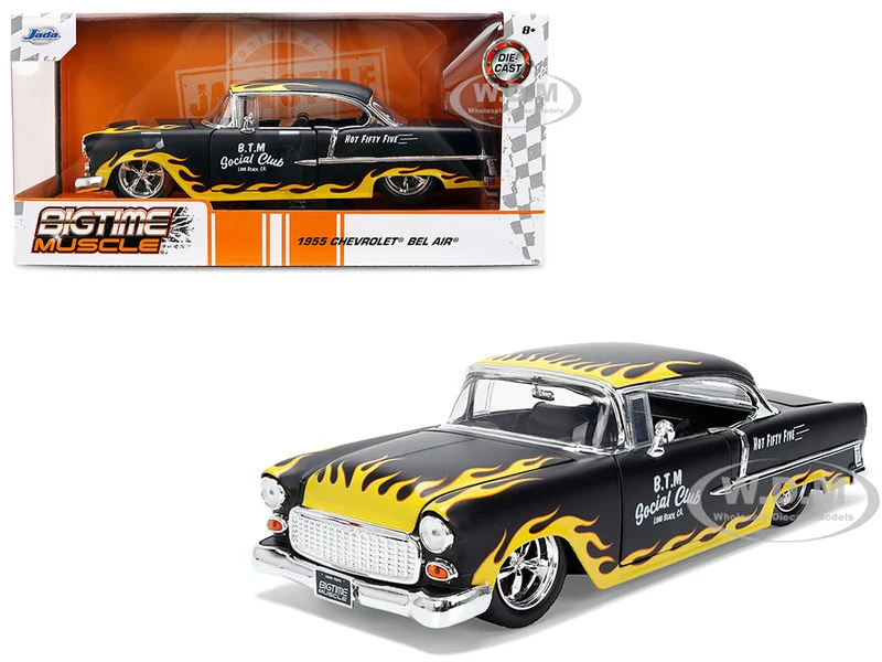 1955 Chevrolet Bel Air "BTM Social Club" Matt Black with Flames "Bigtime Muscle" Series 1/24 Diecast Model Car by Jada - Chevrolet Models