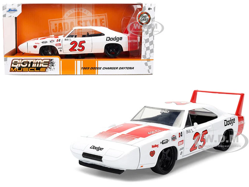 1969 Dodge Charger Daytona #25 White with Red Stripes "Bigtime Muscle" Series 1/24 Diecast Model Car by Jada - Dodge Models