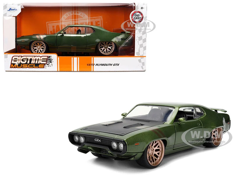 1972 Plymouth GTX Green Metallic with Matt Black Hood and Gold Stripes "Bigtime Muscle" Series 1/24 Diecast Model Car by Jada - Plymouth Models