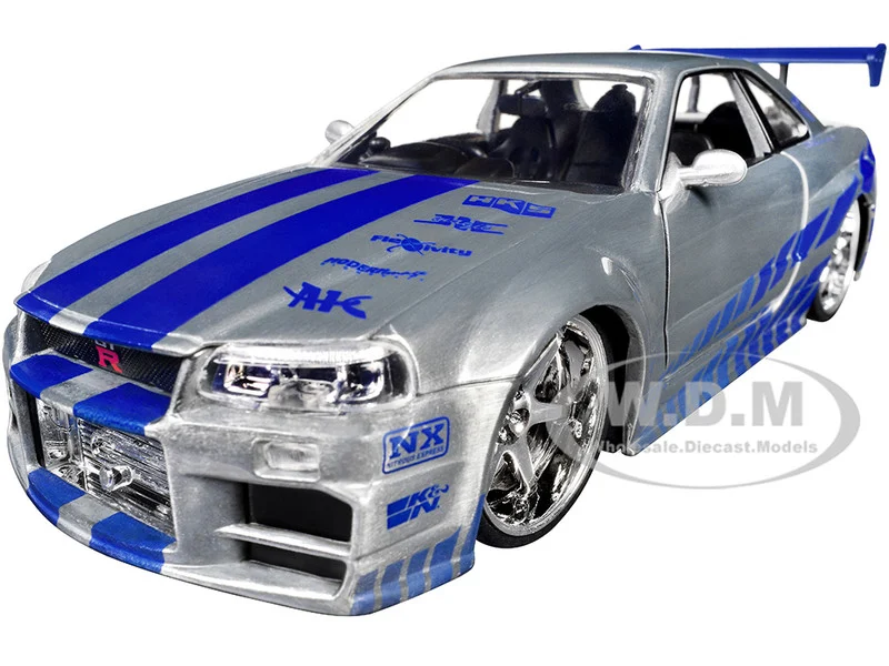 Brian's Nissan Skyline GT-R (R34) RHD (Right Hand Drive) Silver Color Brush Finish with Blue Stripes "2 Fast 2 Furious" (2003) Movie "Fast & Furious" Series 1/24 Diecast Model Car by Jada