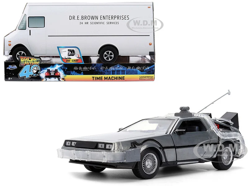 DeLorean Brushed Metal Time Machine with Lights "Back to the Future" (1985) Movie "40th Anniversary" Special Packaging "Hollywood Rides" Series 1/24 Diecast Model Car by Jada - Movie/TV Series Models