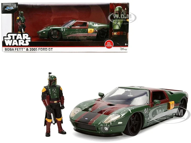 2005 Ford GT Green (Weathered) with Graphics and Boba Fett Figure "Star Wars" Franchise "Hollywood Rides" Series 1/24 Diecast Model Car by Jada - Ford Models