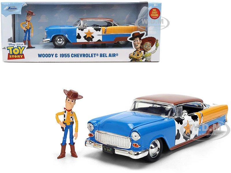 1955 Chevrolet Bel Air Blue with Graphics and Woody Diecast Figure "Toy Story" Franchise "Hollywood Rides" Series 1/24 Diecast Model Car by Jada - Chevrolet Models