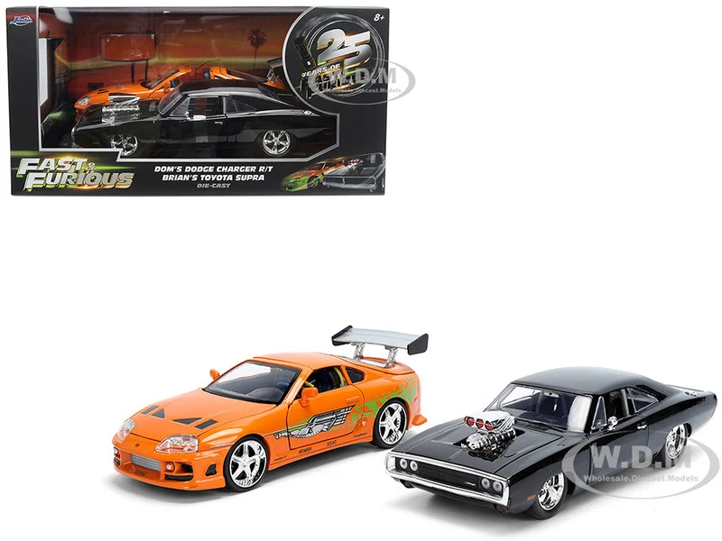 Dom's 1970 Dodge Charger R/T Black and Brian's Toyota Supra Orange with Graphics Set of 2 Cars "Fast & Furious 25th Anniversary" "Fast & Furious" Series 1/24 Diecast Model Cars by Jada - Movie/TV Series Models