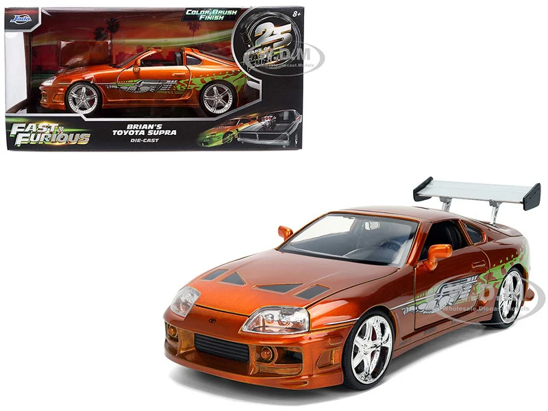 Brian's Toyota Supra Orange Color Brush Finish 25 Years of Fast & Furious Anniversary "The Fast and the Furious" (2001) Movie "Fast & Furious" Series 1/24 Diecast Model Car by Jada - Movie/TV Series Models