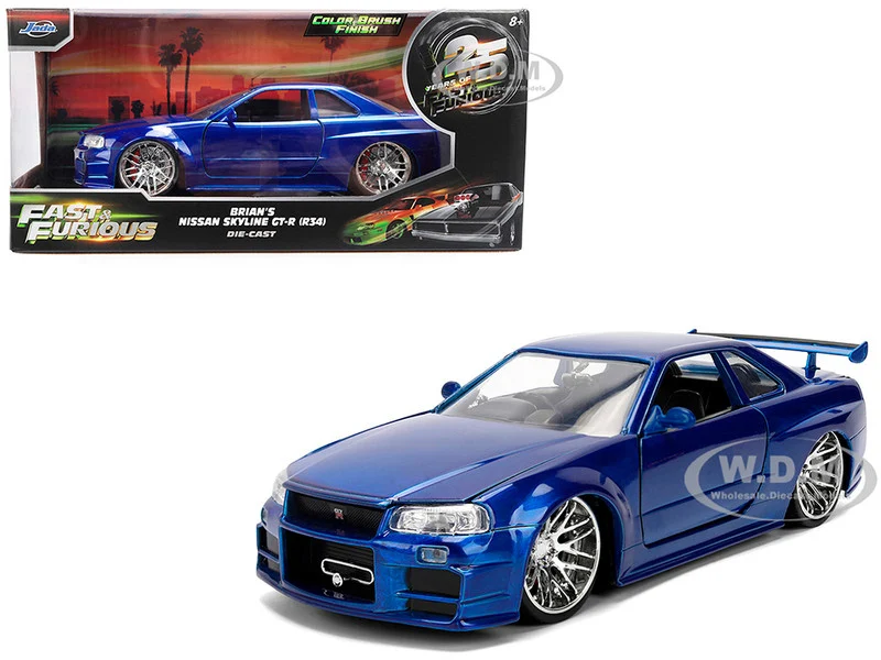 Brian's Nissan Skyline GT-R (R34) RHD (Right Hand Drive) Blue Color Brush Finish 25 Years of Fast & Furious Anniversary "2 Fast 2 Furious" (2003) Movie "Fast & Furious" Series 1/24 Diecast Model Car by Jada