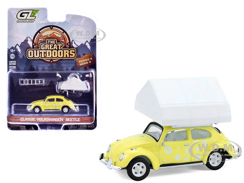 Volkswagen Classic Beetle Yellow with White Flower Graphics and Interior with Camp'otel Cartop Sleeper Tent "The Great Outdoors" Series 4 1/64 Diecast Model Car by Greenlight - Volkswagen Models