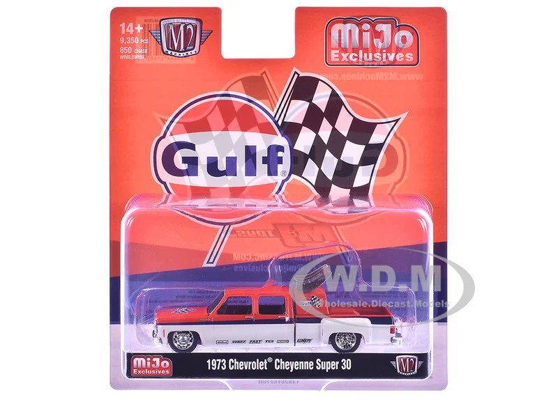 1973 Chevrolet Cheyenne Super 30 Pickup Truck "Gulf Oil" Orange and White with Blue Stripes Limited Edition to 9350 pieces Worldwide 1/64 Diecast Model Car by M2 Machines - Chevrolet Models