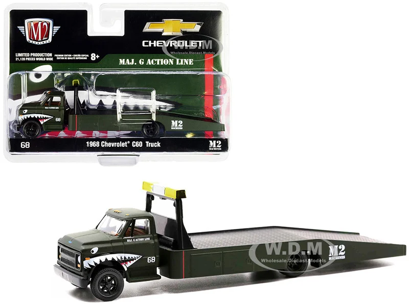 1968 Chevrolet C60 Flatbed Truck #68 Matt Dark Green with Graphics "Maj. G Action Line" Limited Edition to 21120 pieces Worldwide 1/64 Diecast Model by M2 Machines - Chevrolet Models