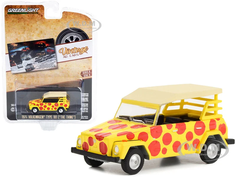 1974 Volkswagen Thing Type 181 Yellow with Red Polka Dots "Volkswagen Presents The Thing. It Can Be Anything!!!" "Vintage Ad Cars" Series 8 1/64 Diecast Model Car by Greenlight - Volkswagen Models