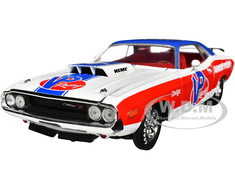 1970 Dodge Challenger R/T Hemi White with Red and Blue Stripes with Red Interior "VP Racing" Limited Edition to 5710 pieces Worldwide 1/24 Diecast Model Car by M2 Machines - Dodge Models