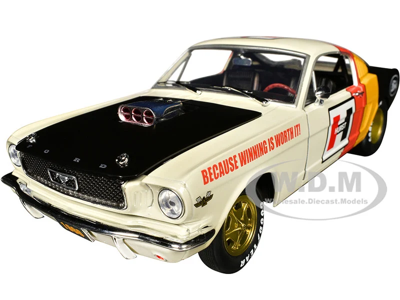 1966 Ford Mustang Fastback 2+2 Off White and Black with Red and Yellow Stripes "Hurst Shifters" Limited Edition to 6000 pieces Worldwide 1/24 Diecast Model Car by M2 Machines - Ford Models
