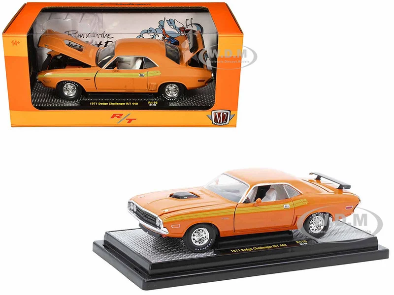 1971 Dodge Challenger R/T 440 Orange with Yellow Stripes and White Interior Limited Edition to 5250 pieces Worldwide 1/24 Diecast Model Car by M2 Machines - Dodge Models