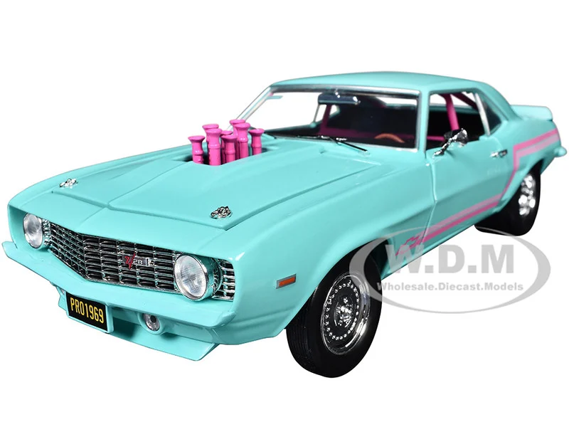 1969 Chevrolet Camaro Z/28 Light Blue with Pink Stripes "Pro Street" Limited Edition to 6250 pieces Worldwide 1/24 Diecast Model Car by M2 Machines - Chevrolet Models