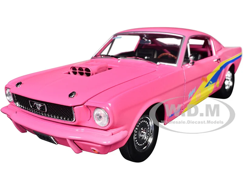 1966 Ford Mustang Fastback 2+2 Pink with Blue and Yellow Stripes "Pro Street" Limited Edition to 6250 pieces Worldwide 1/24 Diecast Model Car by M2 Machines - Ford Models