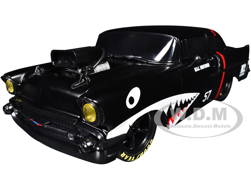 1957 Chevrolet 150 Sedan "Maj. Bruiser" Matt Black with Red Stripe and Shark Mouth Graphics Limited Edition to 6650 pieces Worldwide 1/24 Diecast Model Car by M2 Machines - Chevrolet Models