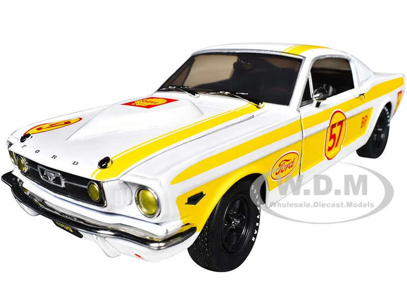 1966 Ford Mustang 2+2 GT #57 "Shell Oil" White with Yellow Stripes Limited Edition to 5650 pieces Worldwide 1/24 Diecast Model Car by M2 Machines - Ford Models