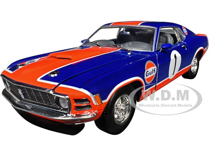 1970 Ford Mustang Custom #1 "Gulf Oil" Dark Blue with Orange Graphics Limited Edition to 7850 pieces Worldwide 1/24 Diecast Model Car by M2 Machines - Ford Models