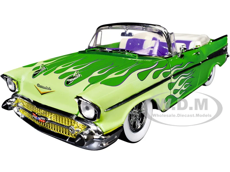 1957 Chevrolet Bel Air Convertible Green Metallic with Flame Graphics and Purple and White Interior Limited Edition to 4050 pieces Worldwide 1/24 Diecast Model Car by M2 Machines - Chevrolet Models