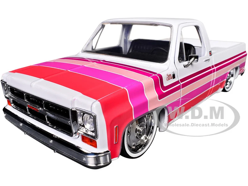 1976 GMC Sierra Grande 15 Pickup Truck White with Stripes Limited Edition to 9250 pieces Worldwide 1/24 Diecast Model Car by M2 Machines - GMC Models