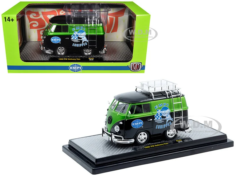 1960 Volkswagen Delivery Van "EMPI Equipped" Black and Green Metallic with Roof Rack and Ladder Limited Edition to 4050 pieces Worldwide 1/24 Diecast Model Car by M2 Machines - Volkswagen Models