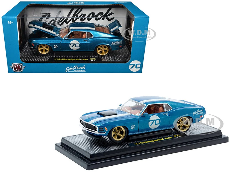 1970 Ford Mustang Sportsroof #70 Blue Metallic with White Stripes Limited Edition to 4050 pieces Worldwide 1/24 Diecast Model Car by M2 Machines - Ford Models