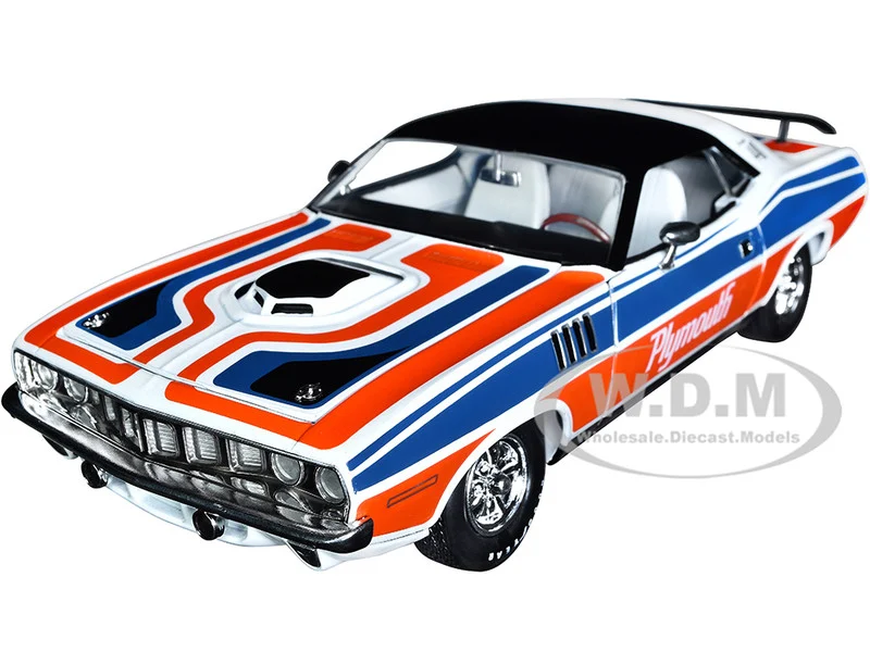 1971 Plymouth Barracuda 440 Pearl White with Blue and Red Stripes and Black Top Limited Edition to 6550 pieces Worldwide 1/24 Diecast Model Car by M2 Machines - Plymouth Models