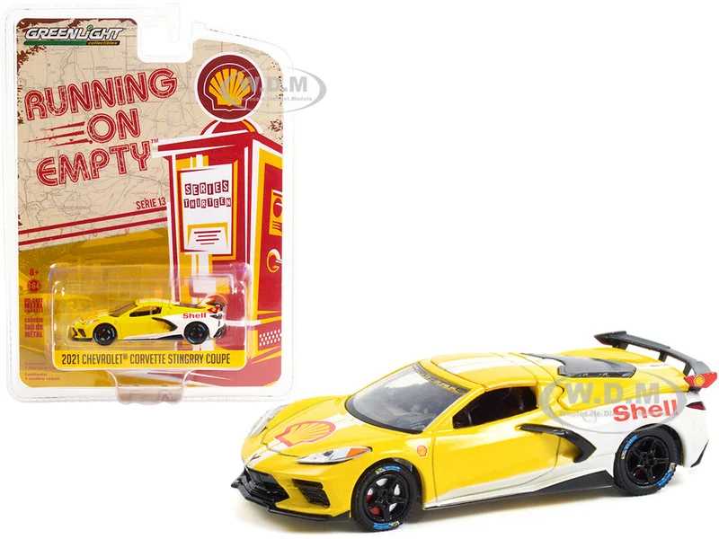 2021 Chevrolet Corvette C8 Stingray Coupe "Shell Oil" Yellow and White "Running on Empty" Series 13 1/64 Diecast Model Car by Greenlight - Chevrolet Models