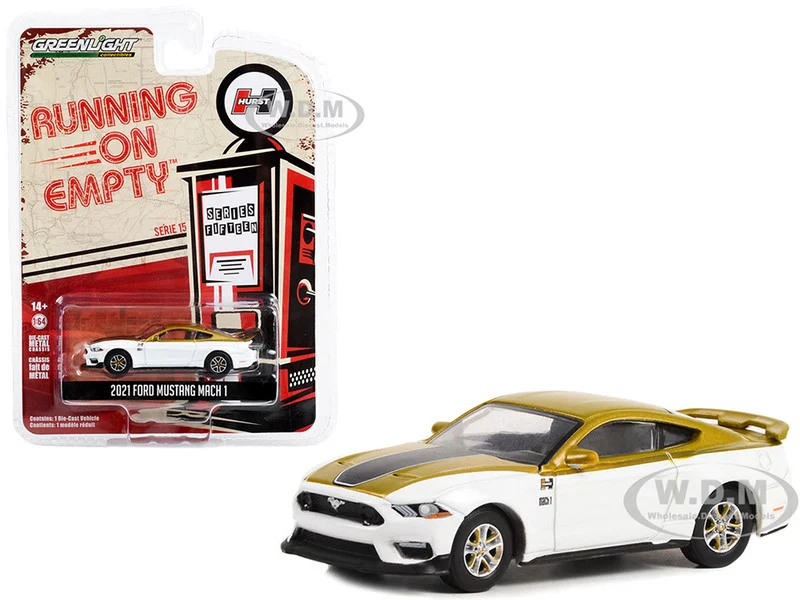2021 Ford Mustang Mach 1 White and Gold with Black Stripe "Hurst Performance" "Running on Empty" Series 15 1/64 Diecast Model Car by Greenlight - Ford Models