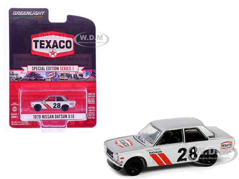 1970 Nissan Datsun 510 #28 "Texaco" Silver Metallic and White with Red Stripes "Texaco Special Edition" Series 1 1/64 Diecast Model Car by Greenlight - Datsun Models