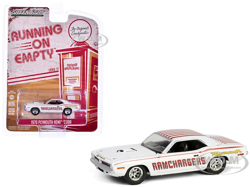 1970 Plymouth Hemi Barracuda "Ramchargers" White with Red Stripes "Running on Empty" Series 17 1/64 Diecast Model Car by Greenlight - Plymouth Models
