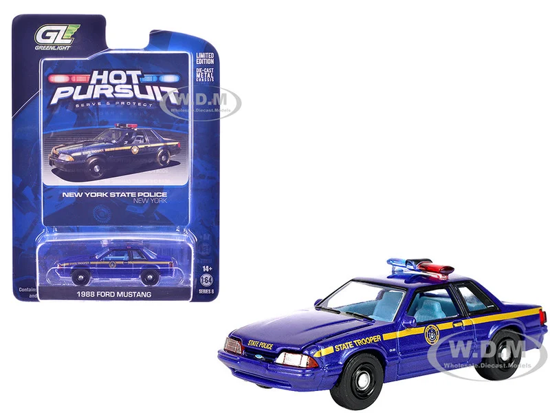 1988 Ford Mustang "New York State Police" Blue with Yellow Stripes and Blue Interior "Hot Pursuit" Series 8 1/64 Diecast Model Car by Greenlight - Ford Models