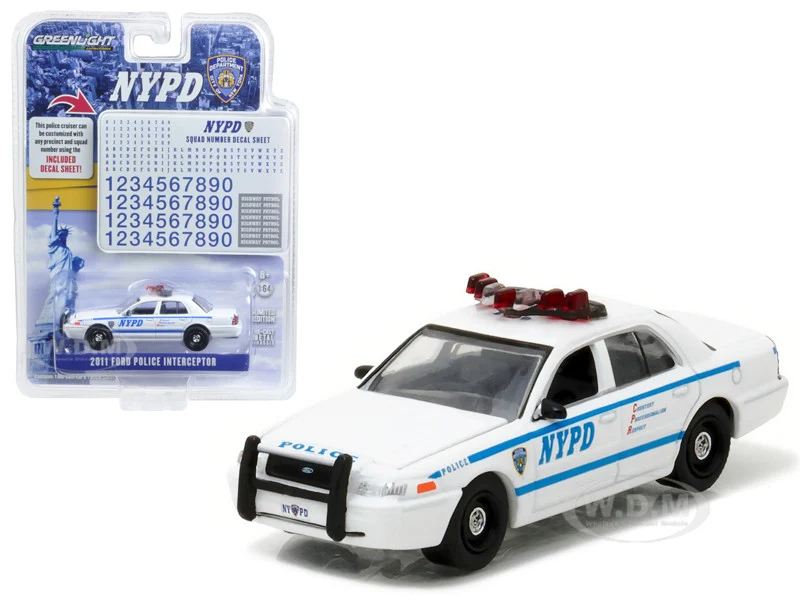 2011 Ford Crown Victoria Police New York Police Department (NYPD) with NYPD Squad Number Decal Sheet Hobby Exclusive 1/64 Diecast Model Car by Greenlight - Ford Models
