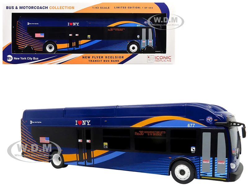 New Flyer Xcelsior Transit Bus Bank "MTA New York City" Blue with Graphics "The Bus & Motorcoach Collection" Limited Edition to 504 Pieces Worldwide 1/43 Model by Iconic Replicas - Bus Models