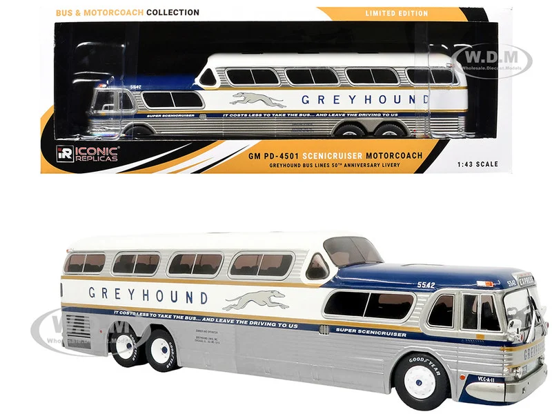 GM PD-4501 Scenicruiser Coach Bus "Greyhound Bus Lines - 50th Anniversary" Raw Metal with Blue and White Top and Gold Stripes "The Bus & Motorcoach Collection" 1/43 Plastic Model by Iconic Replicas