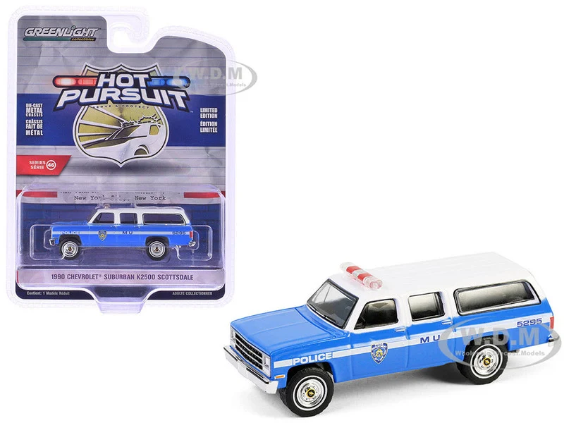 1990 Chevrolet Suburban K2500 Scottsdale "NYPD (New York City Police Department)" Blue with White Top "Hot Pursuit" Series 46 1/64 Diecast Model Car by Greenlight - Chevrolet Models
