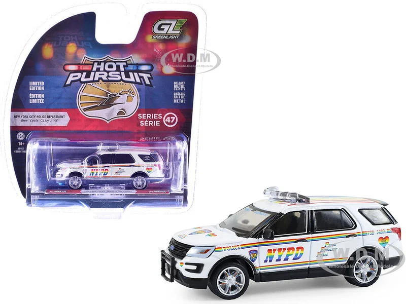 2016 Ford Police Interceptor Utility "New York Police Department (NYPD) Pride Livery" White with Rainbow Stripes "Hot Pursuit" Series 47 1/64 Diecast Model Car by Greenlight - Ford Models