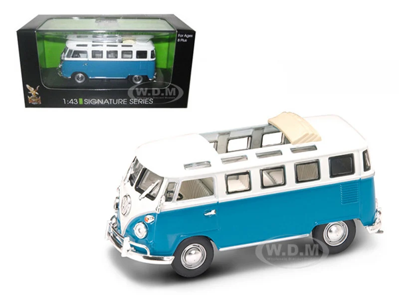 1962 Volkswagen Microbus Van with Open Roof Blue and White 1/43 Diecast Model Car by Road Signature - Volkswagen Models