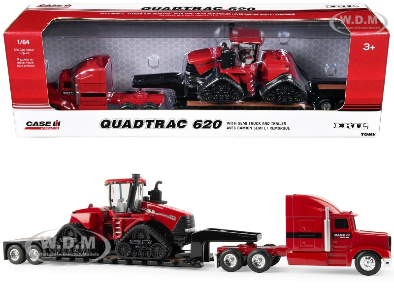 Semi Truck Red with Flatbed Trailer and Case IH Quadtrac 620 Tractor Red "Case IH Agriculture" Series 1/64 Diecast Models by ERTL TOMY - Case Tractors Models