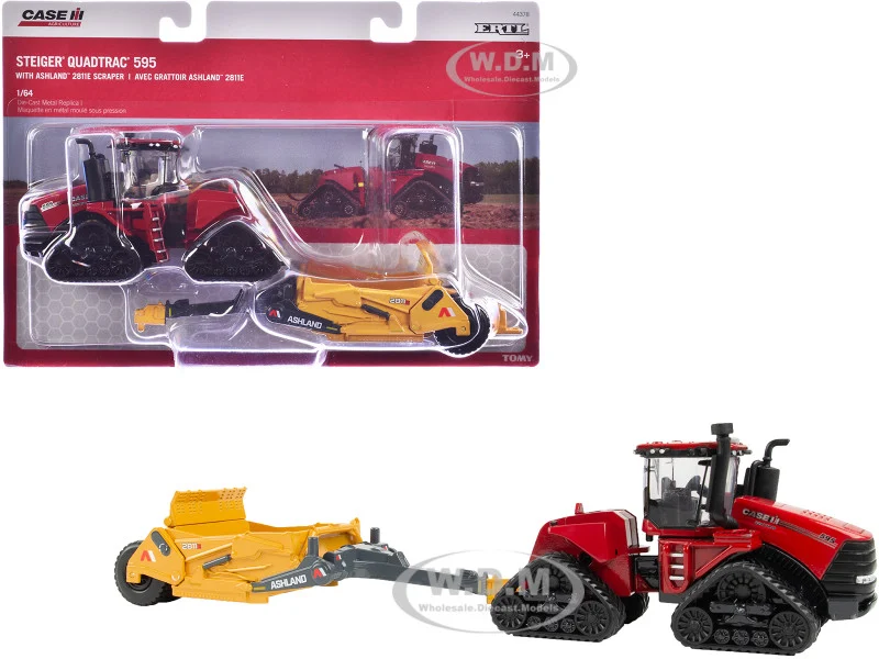 Case IH Steiger 595 Quadtrac Tractor Red with Ashland 2811E Scraper Yellow "Case IH Agriculture" Series 1/64 Diecast Model by ERTL TOMY - Case Tractors Models