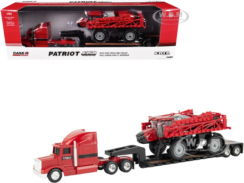 Semi Truck Red with Flatbed Trailer and Case IH Patriot 4350 Sprayer Red "Case IH Agriculture" Series 1/64 Diecast Models by ERTL TOMY - Case Tractors Models