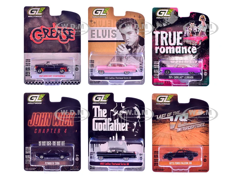 "Hollywood Greatest Hits" (2025) Set of 6 pieces 1/64 Diecast Model Cars by Greenlight - 1/64 Scale Sets
