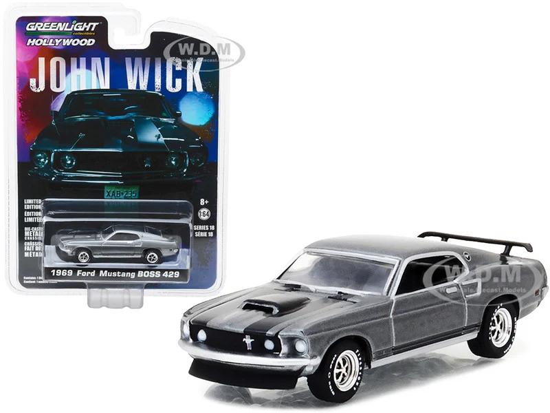 1969 Ford Mustang Boss 429 Gray Metallic with Black Stripes "John Wick" (2014) Movie "Hollywood Series" Release 18 1/64 Diecast Model Car by Greenlight - Ford Models