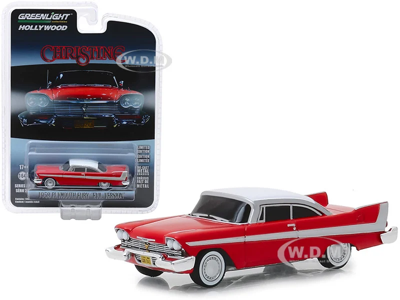 1958 Plymouth Fury Red with White Top "Evil Version" (Blacked Out Windows) "Christine" (1983) Movie "Hollywood Series" Release 24 1/64 Diecast Model Car by Greenlight - Plymouth Models