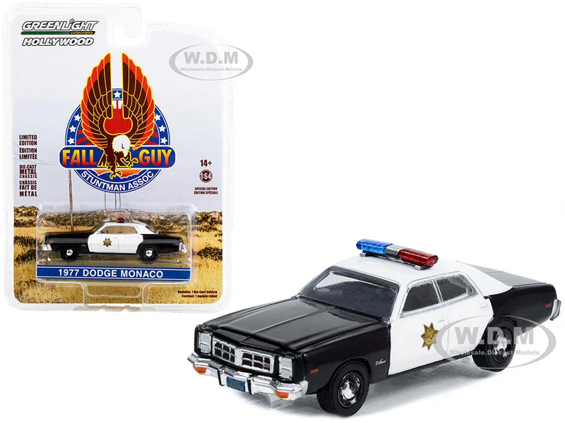 1977 Dodge Monaco Police Black and White "County Sheriff's Department" "Fall Guy Stuntman Association" Hollywood Special Edition 1/64 Diecast Model Car by Greenlight - Dodge Models